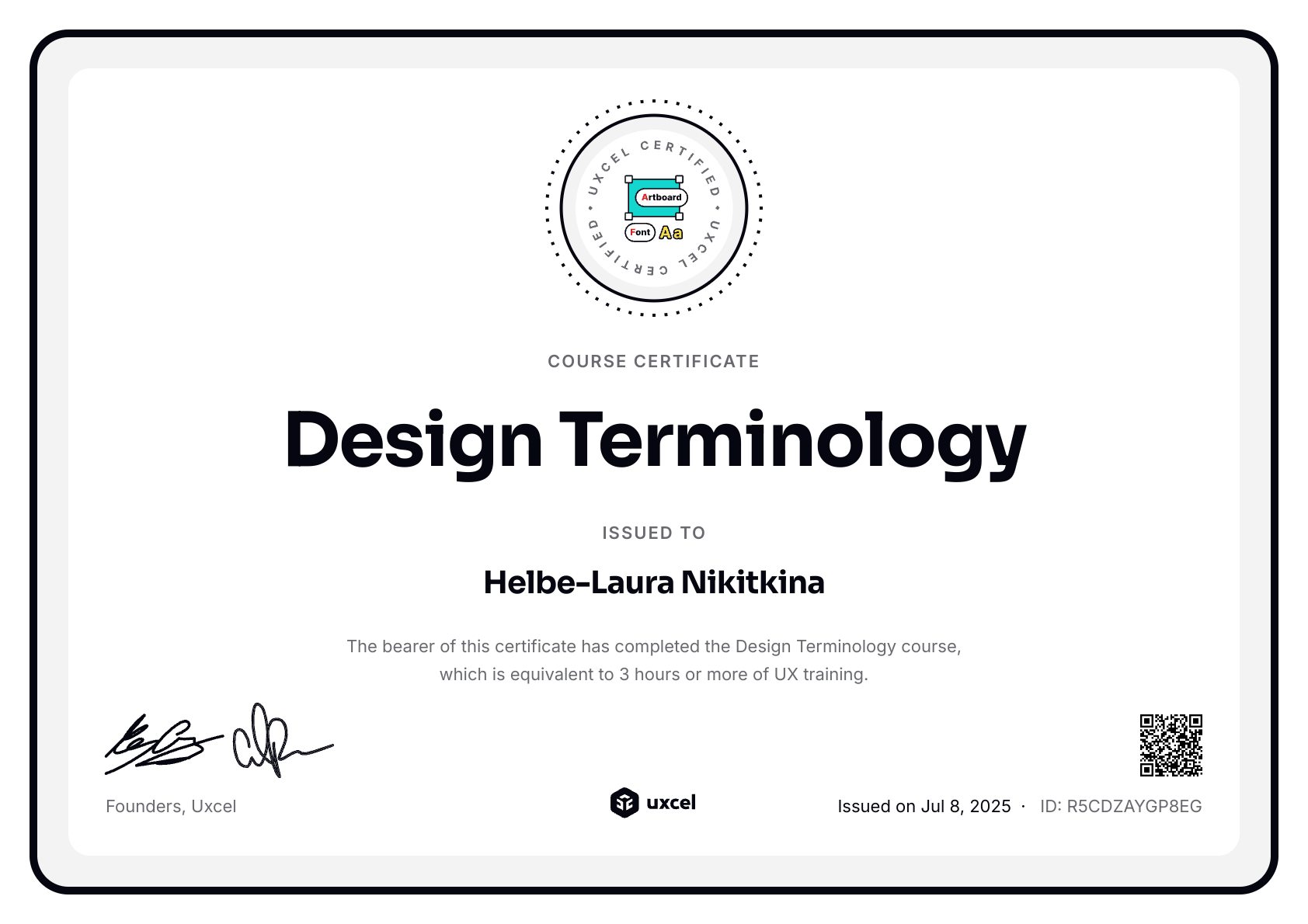 Helbe-Laura Nikitkina's certificate